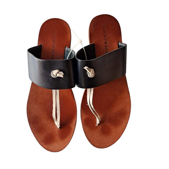 Lucky Brand Ari Black Leather White Knot Slide Thong Flat Sandals - Size 8M - Picture 1 of 10